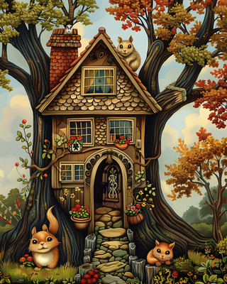 8x10 Cozy Storybook Cartoon House in Tree with Squirrel Art Print - 260487874