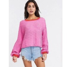 Free People Bright Pink Crochet Knit Cropped Balloon Sleeve Sweater Size S