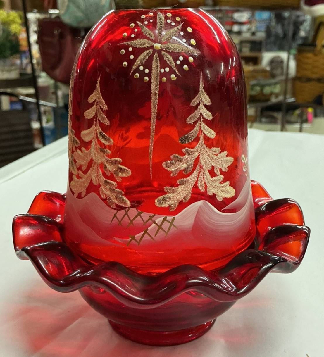Fenton Ruby red glass hand painted fairy lamp