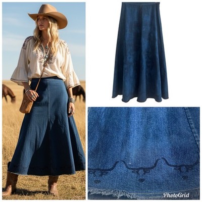 Heyne Bogut Denim Maxi Skirt S Hand Printed Cow Bull Western Rodeo Festival Jean