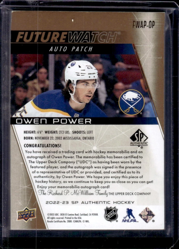 Owen Power 2022-23 SP Authentic #FWAP-OP Future Watch Rookie Patch Auto /100 - Image 2 of 2