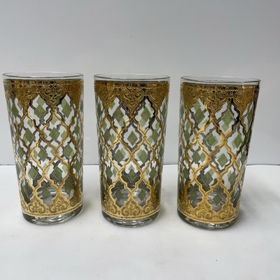 MCM Culver Valencia Highball Glasses (3) W 22K Gold & Green Diamond Pattern