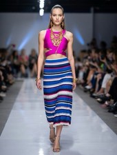 Max Studio Striped Off-Shoulder/ Maxi Skirt  L Blue Multi Bold Stripe Resort