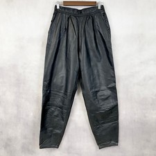 Vtg Womens Black Leather Pants Size 14 Pleats Barrel Leg Minimal Grunge Euro 80s