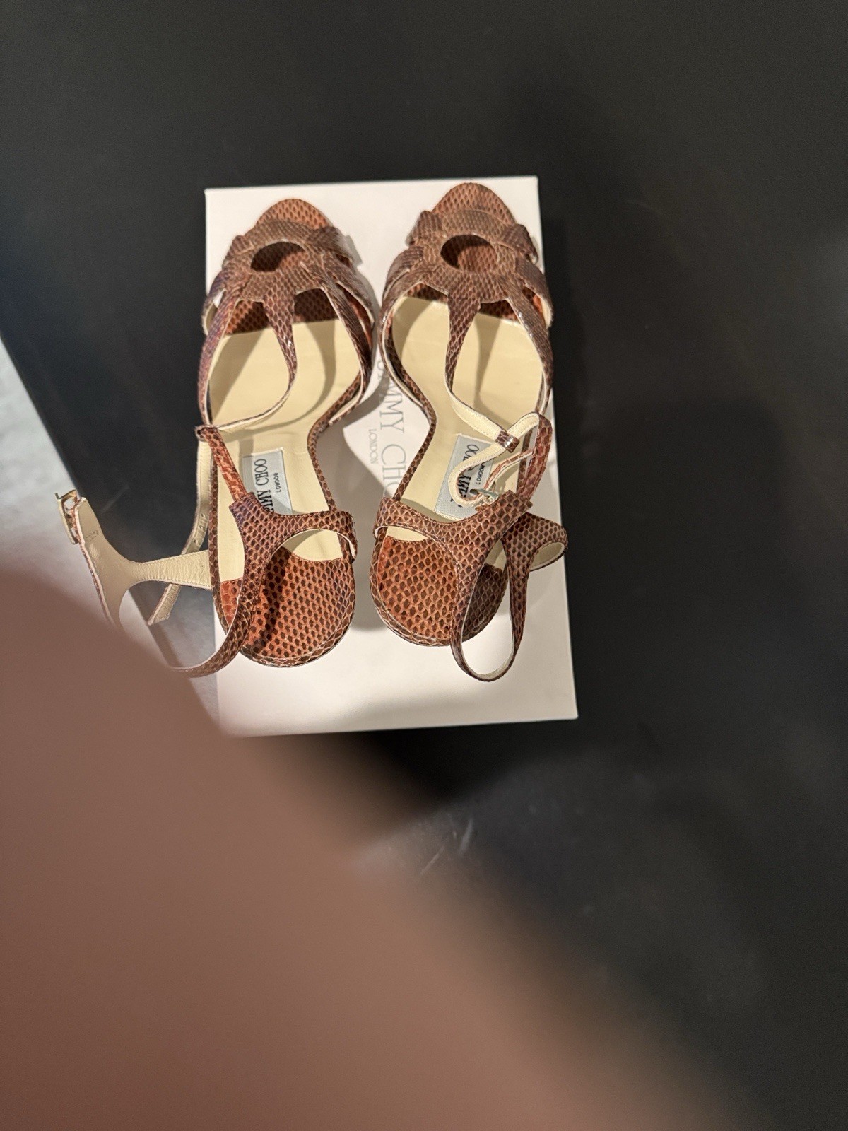 Jimmy Choo Brown Animal Print Strappy Stiletto Heels with Ankle Strap, Open Toe