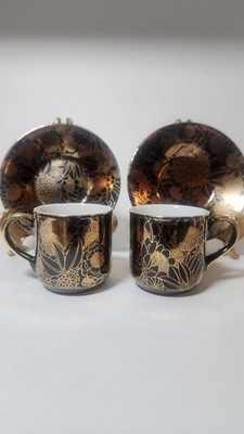 Yamasen Gold Collection 24Kt Gold Plated Set of 2 Cups & Saucers  JaPan