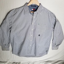 Tommy Hilfiger XL Striped Long Sleeve Button Up Shirt Crest Logo Cotton Blue Whi