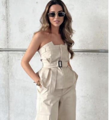 ZARA NEW WOMAN OFF-SHOULDER GABARDINE TOP WITH BELT LT BEIGE  display picture 3