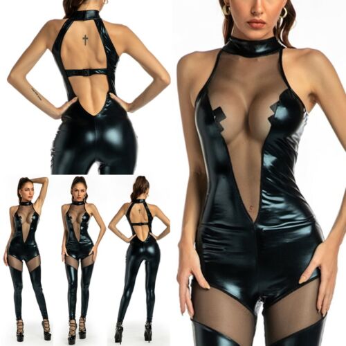 Frauen Kunstleder Wetlook Overalls Catsuit Trikot Clubwear Overall Sexy Kostüme - Bild 5 von 79