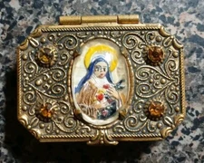 Vintage St. Therese of Lisieux Rhinestone Trinket Rosary Pill Box