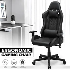Black[LUMBAR SUPPORT+HEADREST]Racing Chair Ergonomic Computer Gaming Swivel Seat
