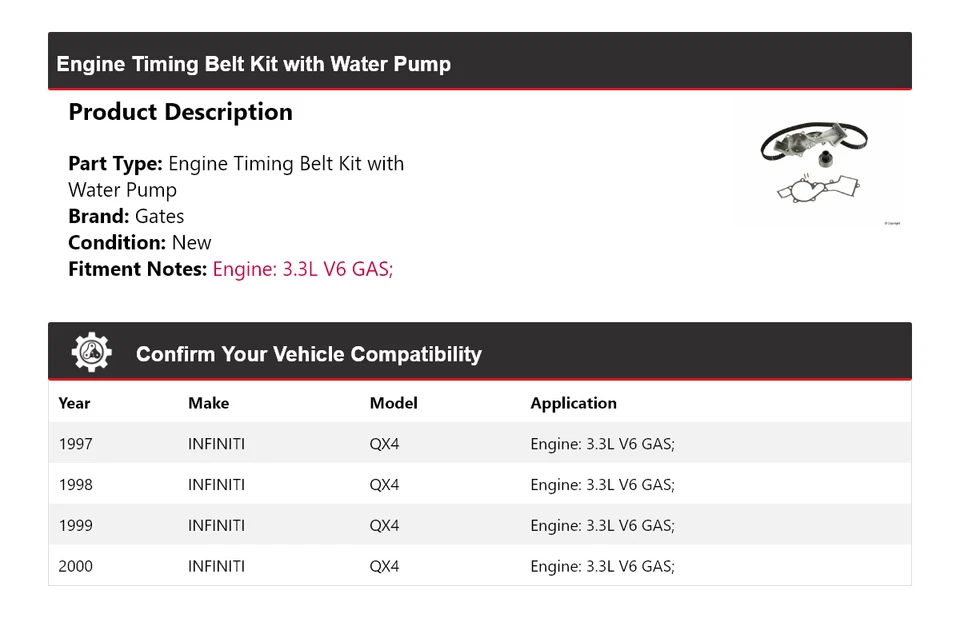 For 1997-2000 INFINITI QX4 Engine Timing Belt Kit with Water Pump Gates 1998 - Image 2 of 4