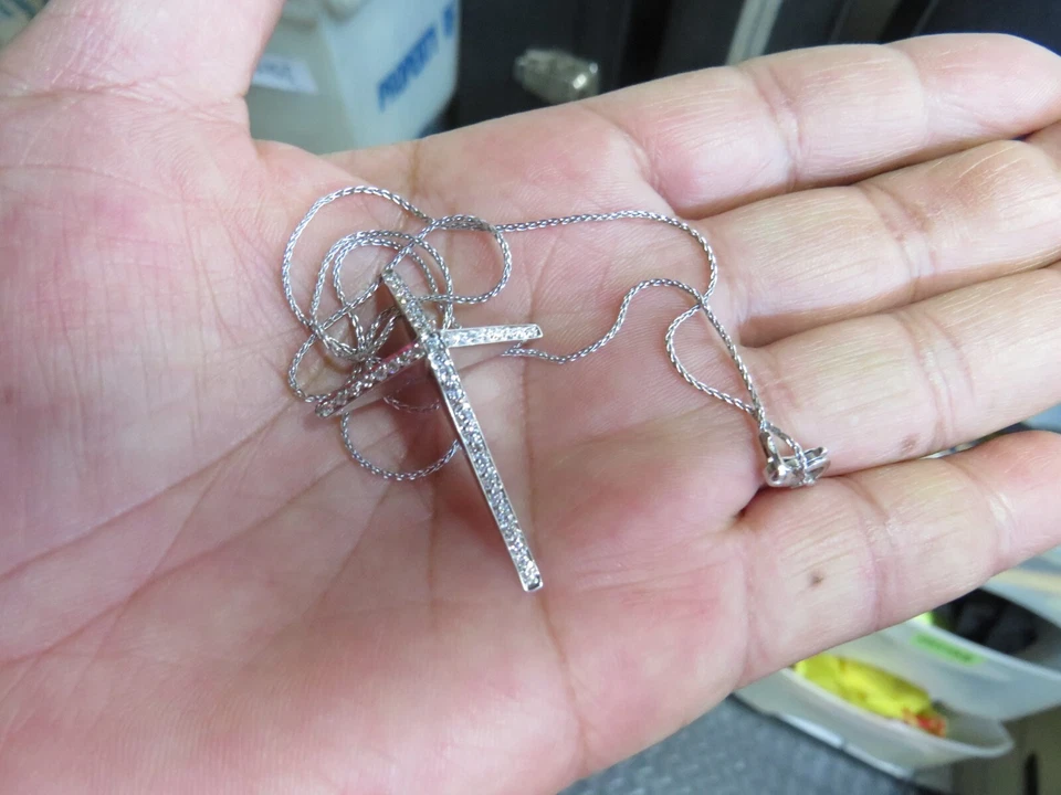 18K White GOLD Charm DIAMOND CROSS PENDANT Chain NECKLACE cluster Jesus topaz - Image 2 of 4