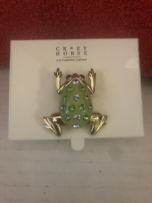 Crazy Horse Liz Claiborne Frog Brooch Pin Green & Gold Tone with Rhinestones DWK