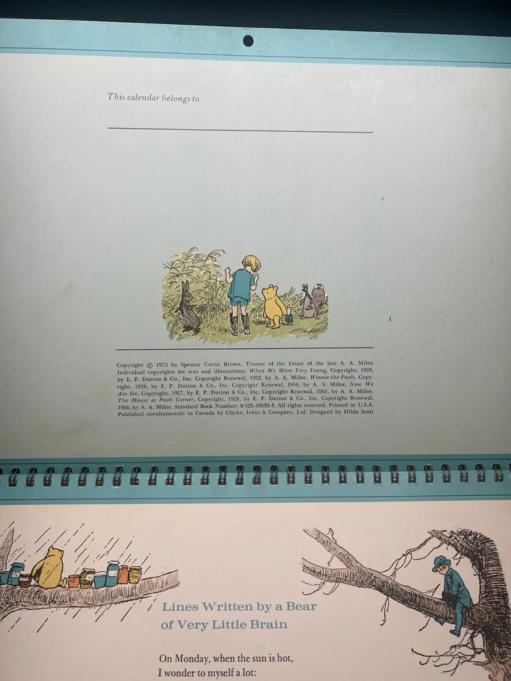РЕДКАЯ VG 1972 Winnie Pooh календарь книга AA Milne иллюстрированный Эрнест Шепард - Изображение 3 из 4