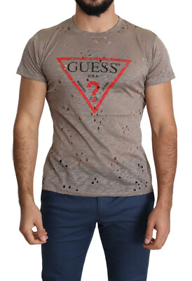 GUESS T-shirt Brown Cotton Stretch Logo Print Men Casual Perforated s. L $60