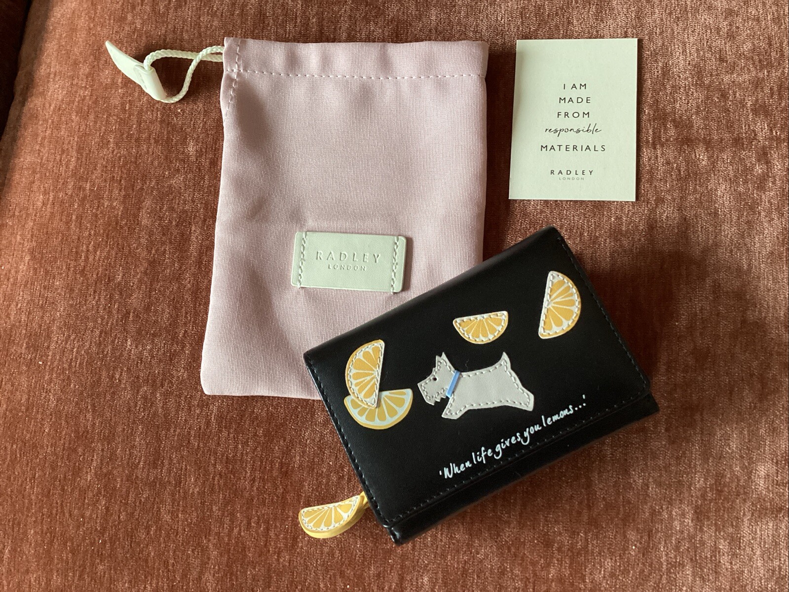 Radley ‘When Life gives You Lemons….’. Bifold Purse Black Leather New