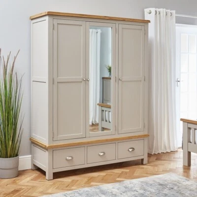 THE FURNITURE MARKET Cotswold Grey Painted Triple 3 Door Wardrobe with Mirror - CG43