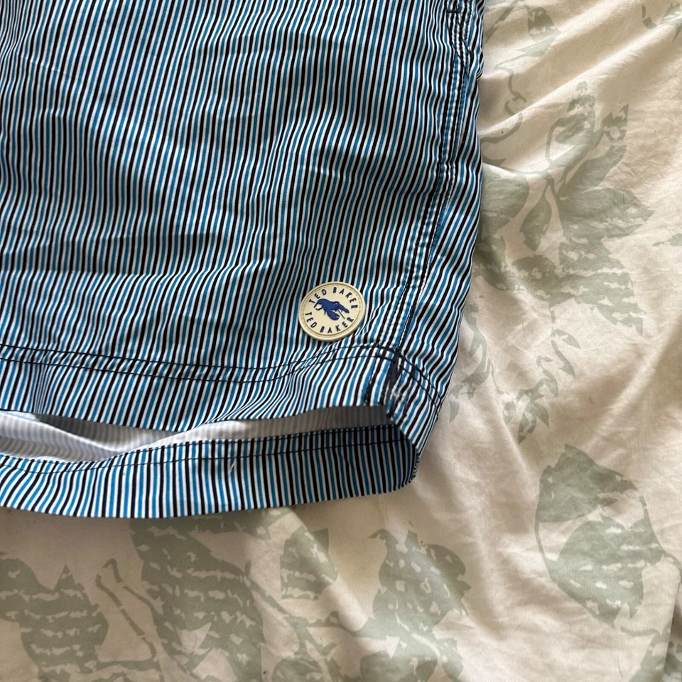 Ted Baker Blue White Pinstripe Swim Shorts 7 Lined Pockets - Image 2 of 4
