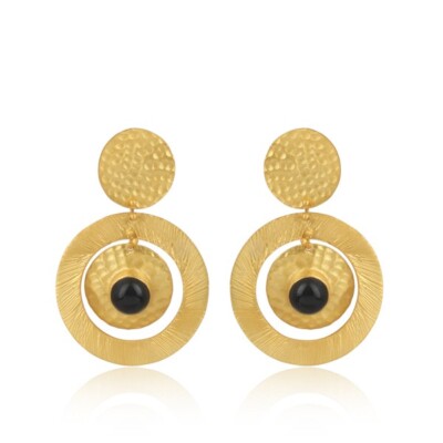 Two Layer Dangle Earrings Gold Plated Gemstone Brass Earrings With Black Onyx