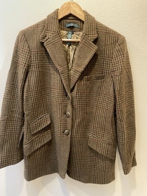 Lauren Ralph Lauren Virgin Wool Coat Leather Elbow Patches Houndstooth Vintage