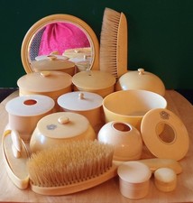 Vintage Celluloid Yellowish Tint Vanity Set Mirror, Brushes, Containers etc.