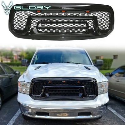 For 13-24 Dodge Ram 1500 Front Bumper Grille Rebel Style W/LED Light Gloss Black