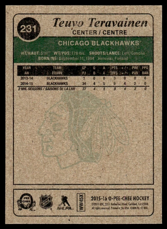 2015-16 O-Pee-Chee Retro Teuvo Teravainen Chicago Blackhawks #231 - Image 2 of 2