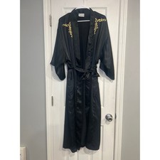 Vintage Val Mode Lingerie Black Satin Robe Kimono Loungewear 80s 90s Size Medium