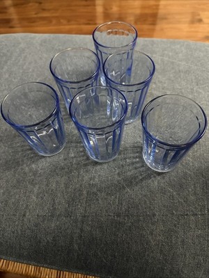 6 Pasabahce  Blue Tumbler Juice glasses Vertical Optic Ribbed 3 7/8'' tall. EUC