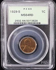 1929-S US 1C Lincoln Penny - PCGS MS 64 RD