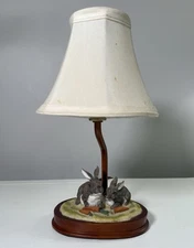 VTG Two Bunnies w/ Carrots Resin on Wood Base 12" Nursery Lamp & Shade Rabbit