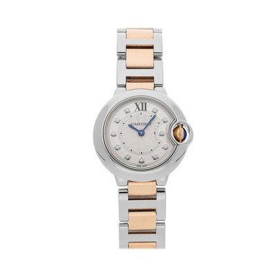 Cartier Ballon Bleu Steel Rose Gold Quartz 28mm Silver Diamond Watch WE902030