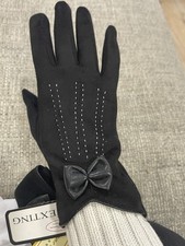 Womens Black Bow Microfiber Gloves Stretch Fit Texting Driving Embroidery Dressy