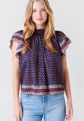 TROVATA Birds of Paradis Carla Floral Heirloom Navy Blue Flutter Sleeve Blouse S