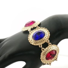 Vintage Gold Tone Boho Cuff Bracelet Multicolor Faceted Glass Cabochon Statement
