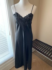 Victorias Secret nightgown long satin chemise gown black lace slit medium m VS