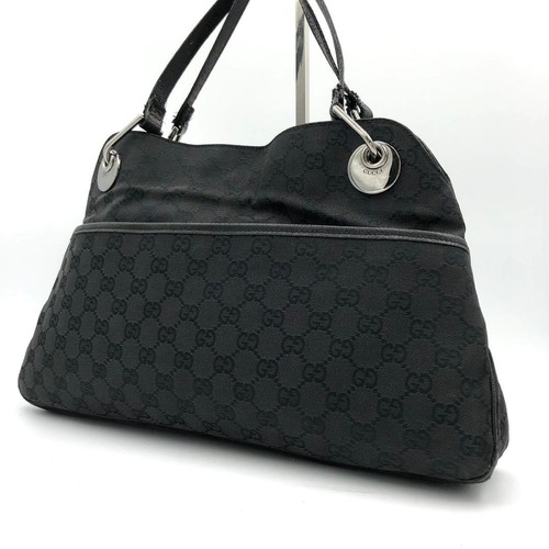GUCCI GG Canvas Black Tote Bag Leather Trim Authentic Women's Handbag