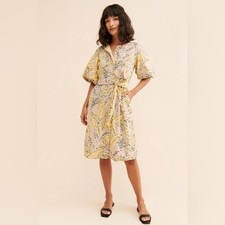 Anthropologie Josephine Tan and Yellow Leaf Tropical Midi Dress, Size Medium