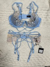 Honey Birdette Evangeline Set Blue Bra 38DD/E  Garter Belt XL Floral Embroidery