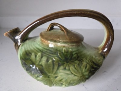 Vintage 1940 s McCoy Green Brown Daisy Pattern Alladin Style Teapot Pottery EUC 