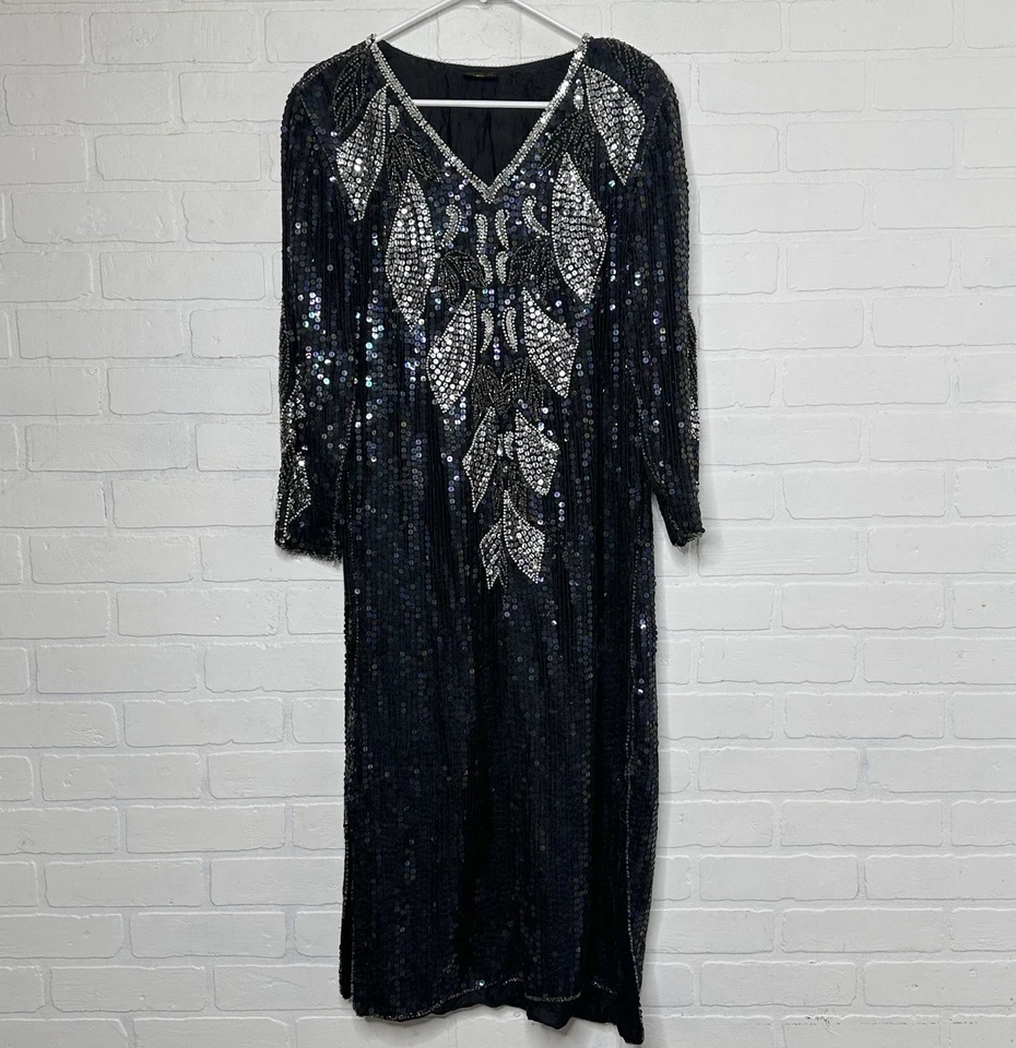 Vestido de lentejuelas vintage años 80 para mujer mediano negro seda plata funda fiesta Año Nuevo Foto 2 de 4