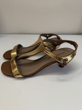 Donald Pliner Caro T-Strap Kitten Heel Sandals Gold Python Leather 7.5- Elegant