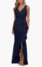 Betsy  Adam Women's Blue V-Neck Cascade Ruffle High-Low Gown Dress Size 16