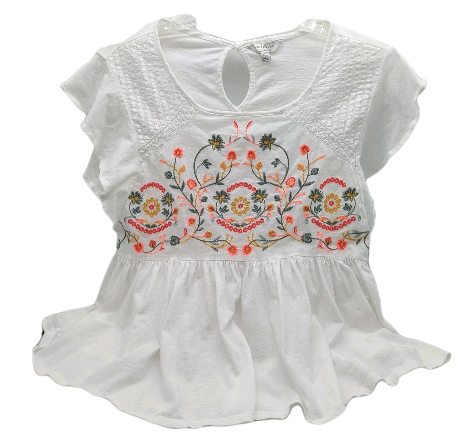 Lucky Brand Womens Shirt Size Small White Embroidered Flutter Sleeve