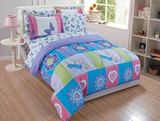 Comforter Set for Girls Butterflies Hearts Flowers Purple Turquoise Pink Twin