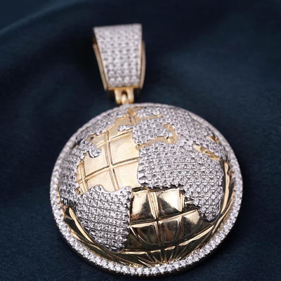 3Ct Round Cut Real Moissanite World Map Men's Pendant 14K Two Tone Gold Plated