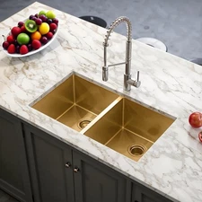 32" Gold Undermout Kitchen Sink, 16 Gauge Stainess Steel Doubel Sink , 50/50