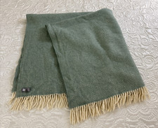 Herringbone Pattern Throw Blanket New Wool Fringe 56x48 British Green