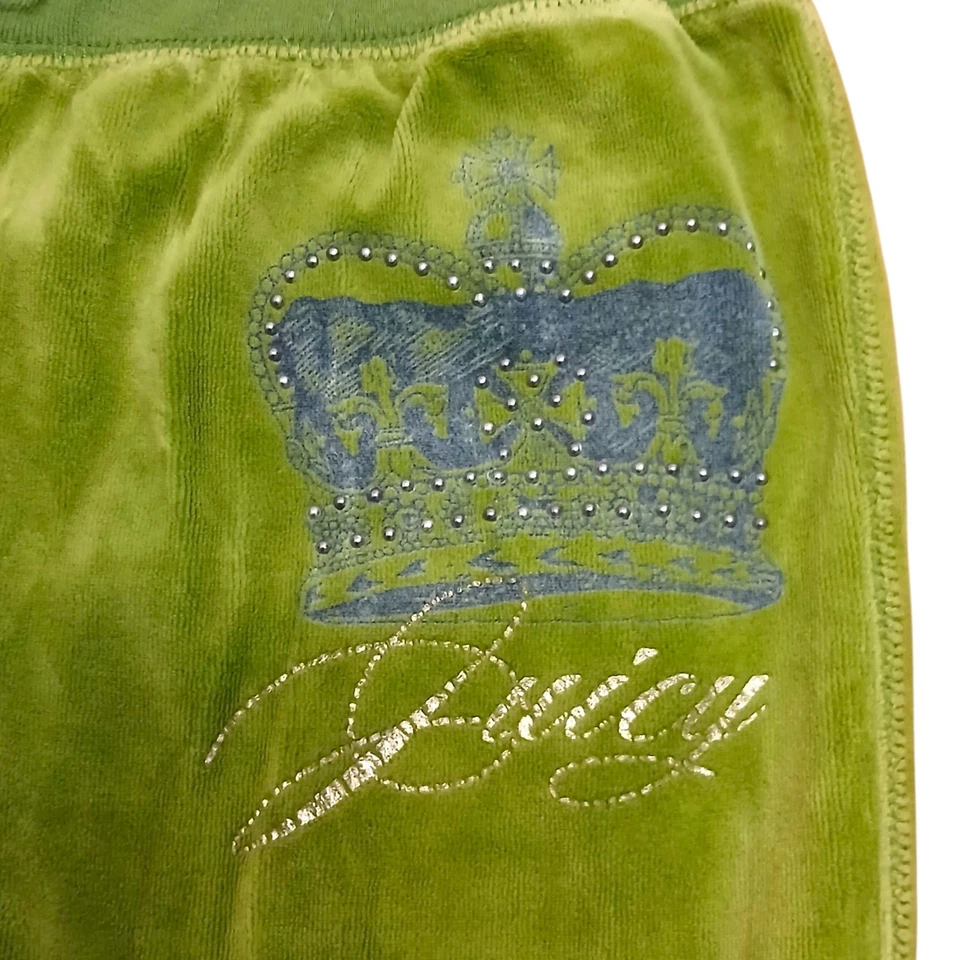 Женские брюки Juicy Couture среднего размера зеленые велюровые Y2K с заниженной талией и расширяющимися карманами - Изображение 4 из 4